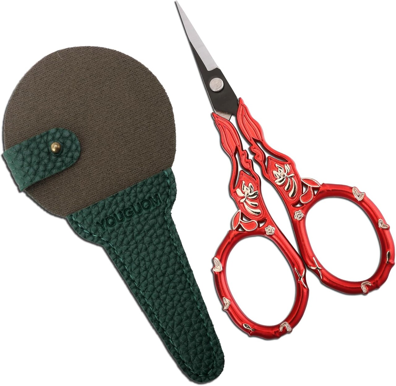 Antique Embroidery Scissors with Case – Vintage Gold & Red Needlework Shears for Sewing, Cross Stitch & Crochet